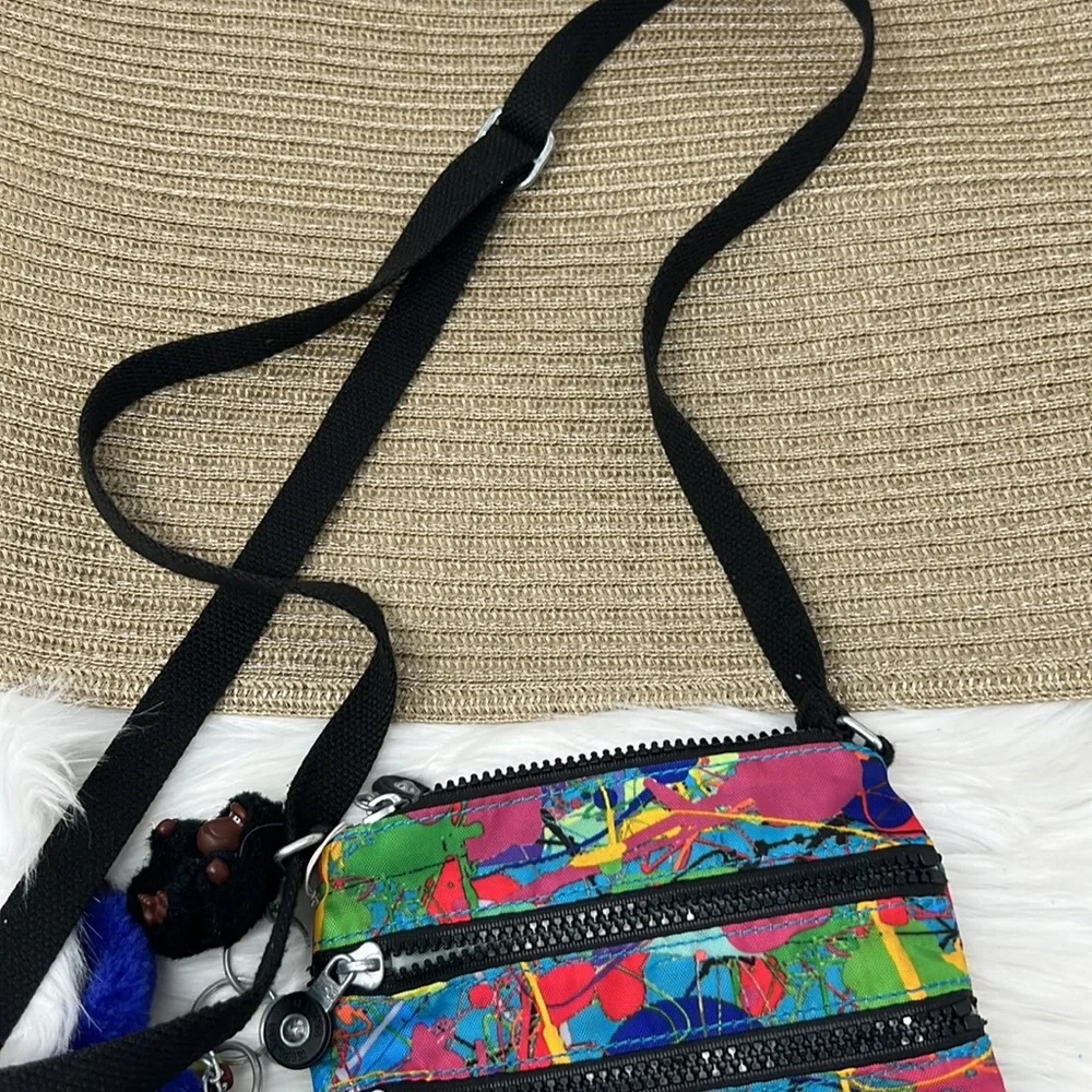 Kipling paint splash Crossbody Purse Handbags Key Chain W/Monkeys Collectible